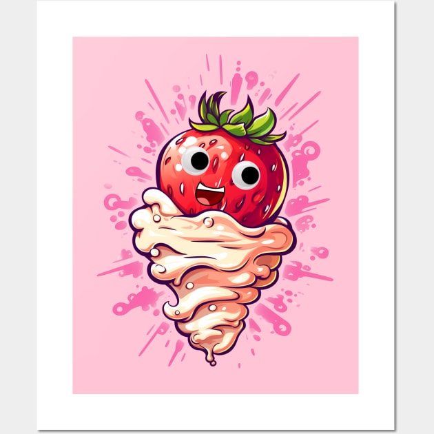 Funny Cartoon Strawberries and Cream Wall Art by MutedTees